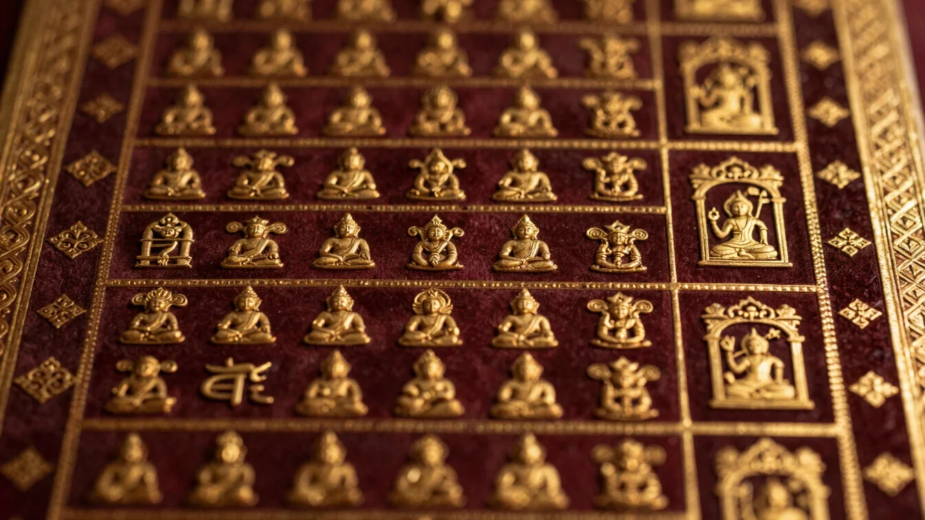 Golden-bound ancient Vedic scripture, macro detail, warm temple l