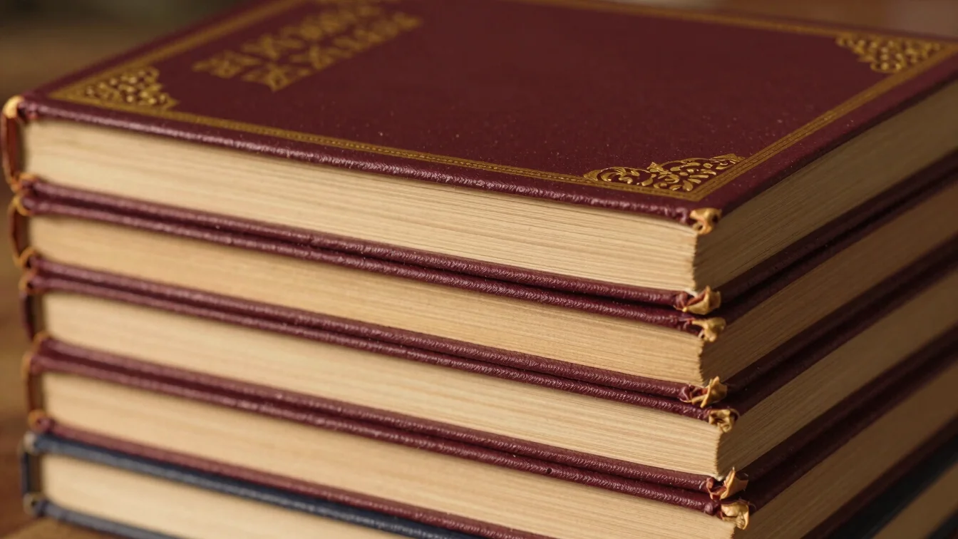 Stack of old spiritual books, gold accents, soft light, tradition