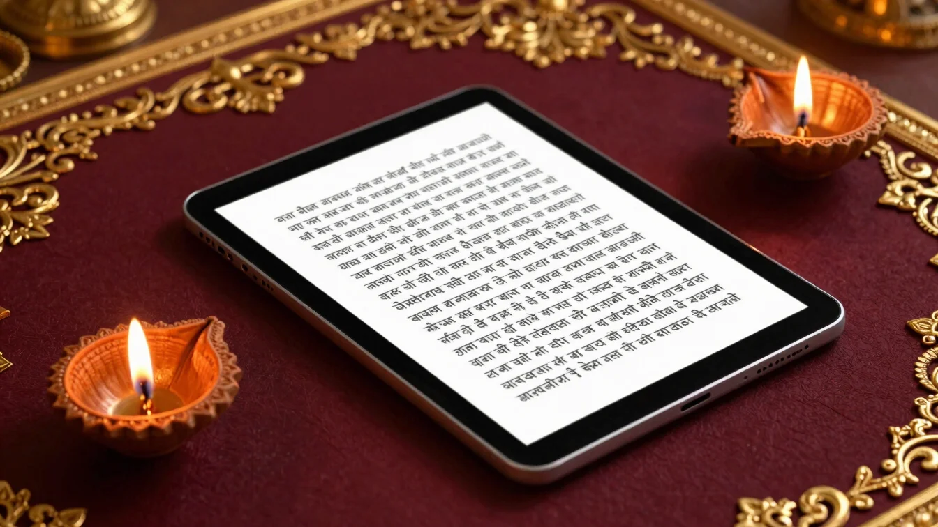 Digital ebook mockup displaying Devanagari text on a tablet, with